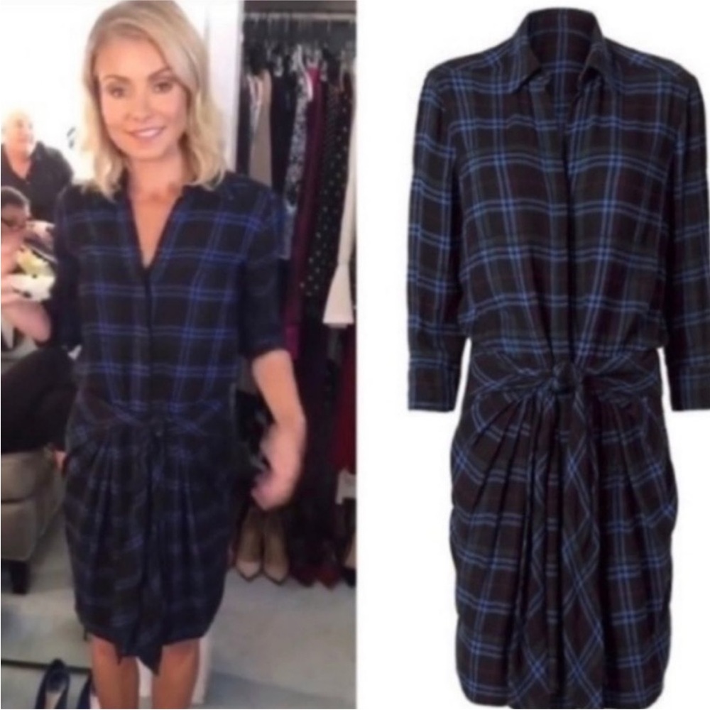 L'AGENCE Blue and Black Plaid Midi Dress